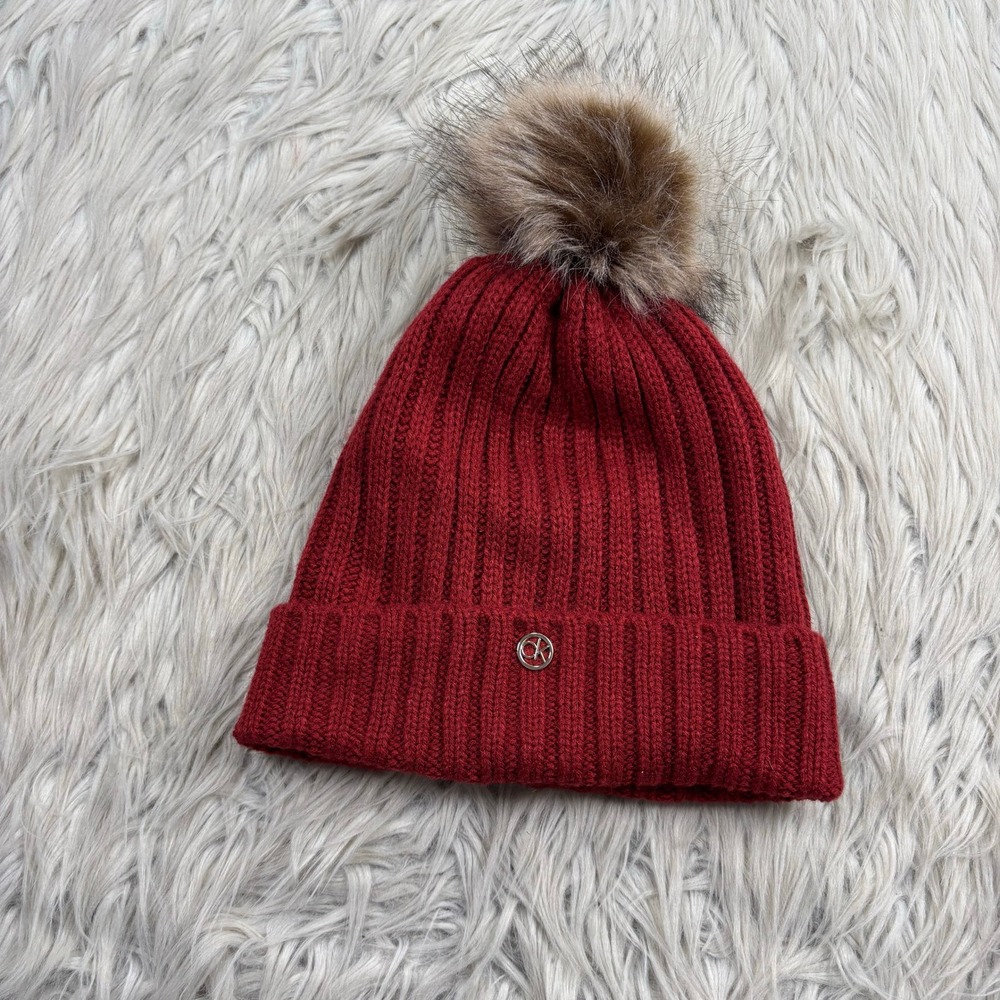 Calvin Klein Women's OS Red Ribbed Beanie Hat Faux Fur Pomp Pom Twee Preppy